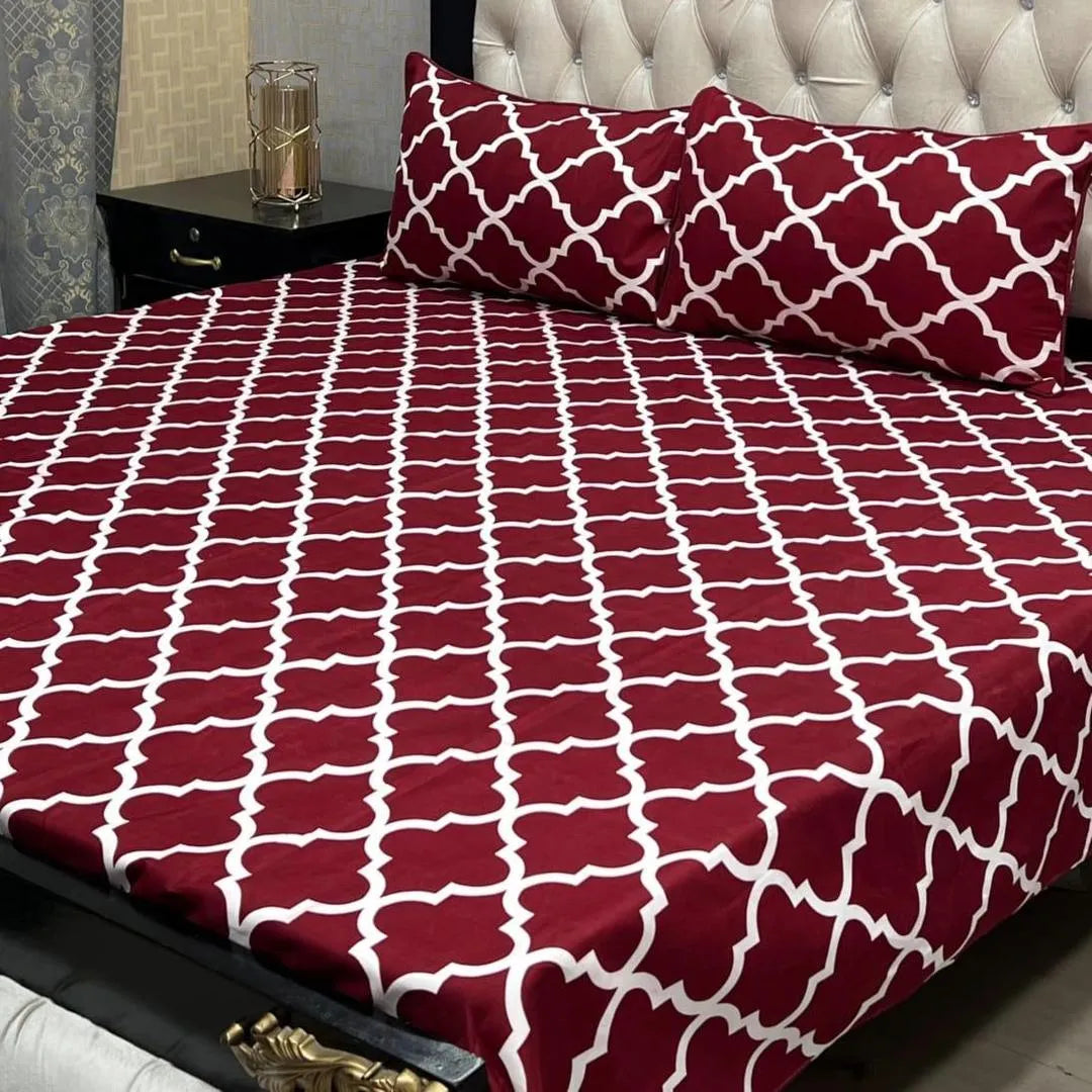 Red crystal cotton printed bedsheet 3pc double bed set with pillow covers soft breathable durable smooth elegant bedding