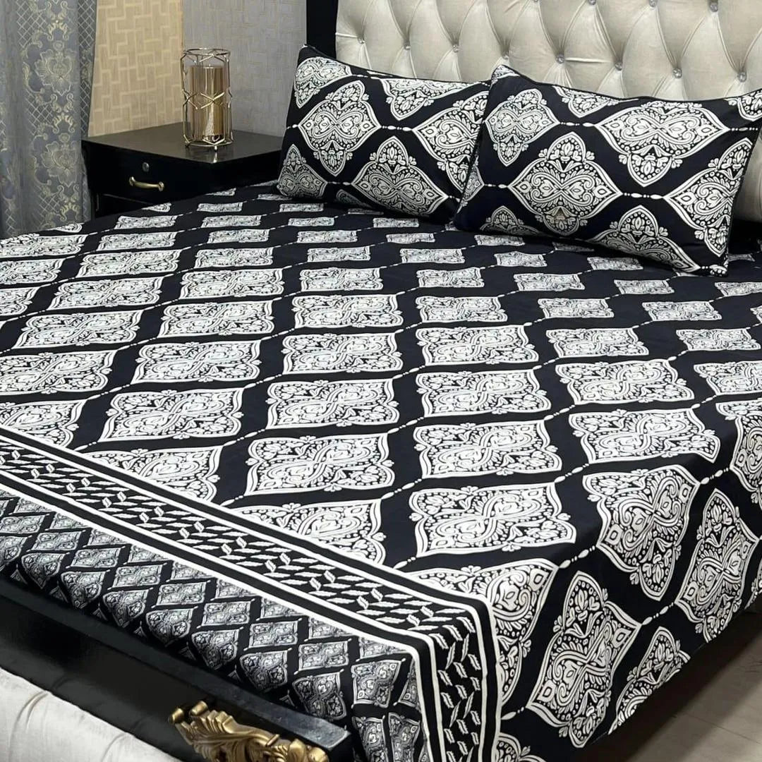 Black crystal cotton printed bedsheet 3pc double bed set with pillow covers soft breathable durable smooth modern bedding