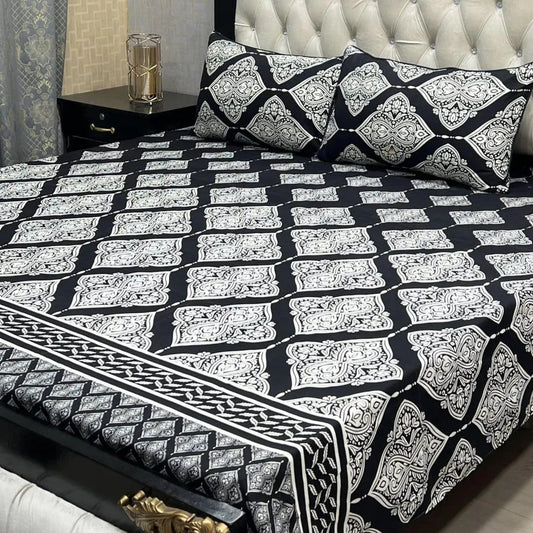 Black crystal cotton printed bedsheet 3pc double bed set with pillow covers soft breathable durable smooth modern bedding