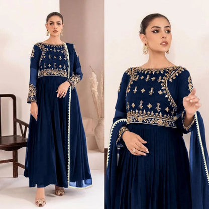 Blue chiffon embroidered maxi 3 piece suit for women with dupatta and trouser elegant wedding festive wear outfit