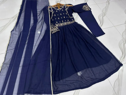 Blue chiffon embroidered maxi 3 piece suit for women with dupatta and trouser elegant wedding festive wear outfit