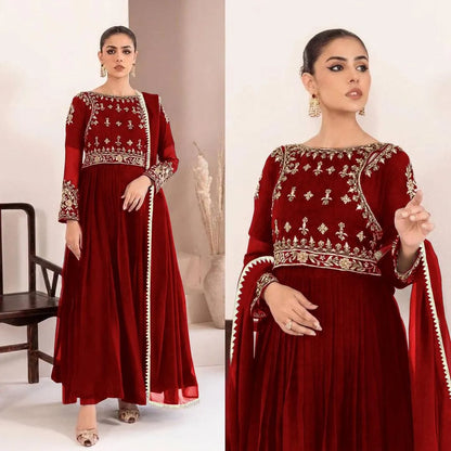 Maroon chiffon embroidered maxi 3 piece suit for women with dupatta and trouser elegant wedding festive wear outfit