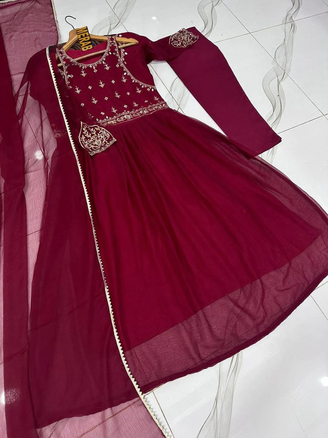 Maroon chiffon embroidered maxi 3 piece suit for women with dupatta and trouser elegant wedding festive wear outfit