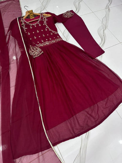 Maroon chiffon embroidered maxi 3 piece suit for women with dupatta and trouser elegant wedding festive wear outfit