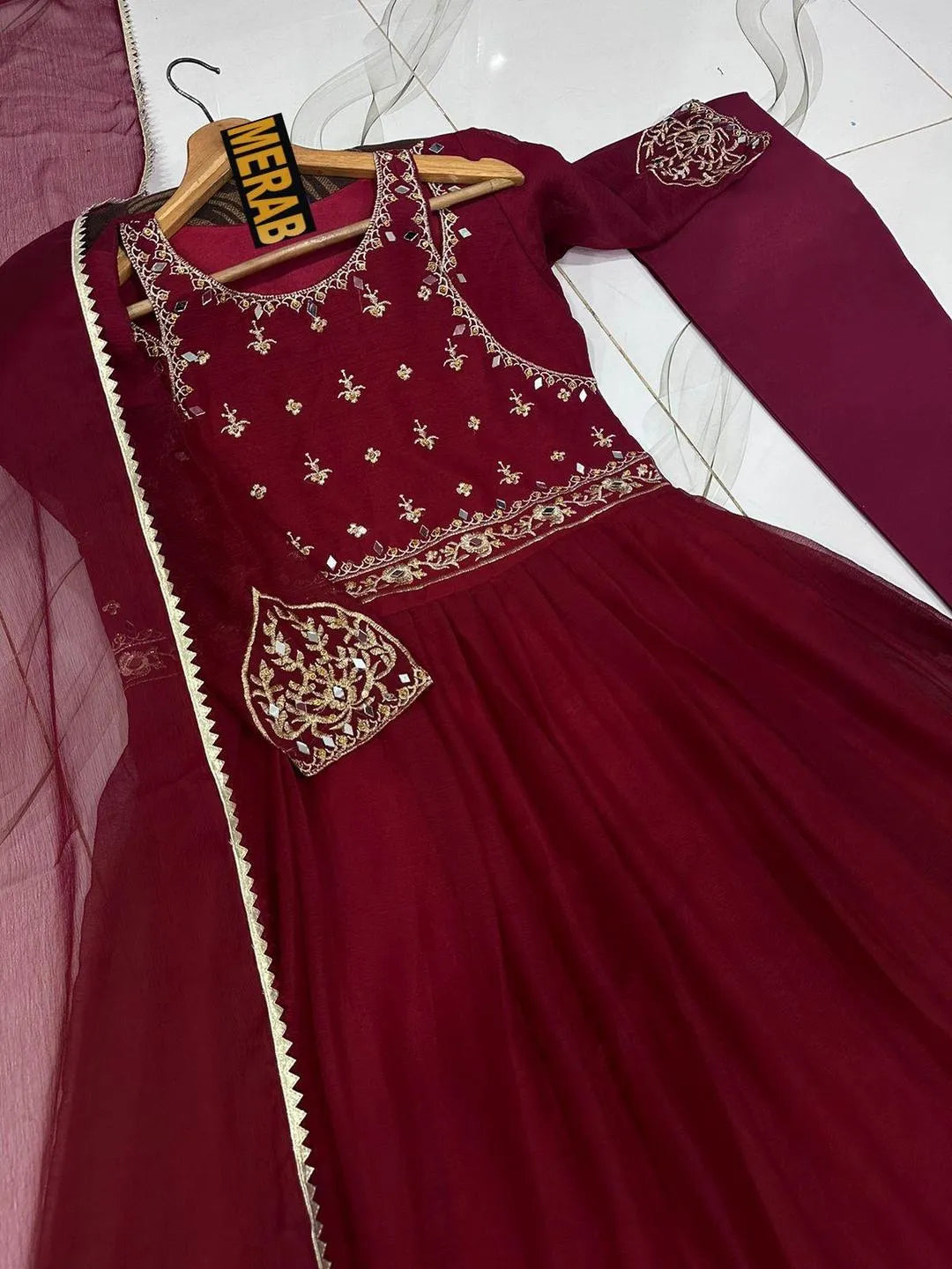 Maroon chiffon embroidered maxi 3 piece suit for women with dupatta and trouser elegant wedding festive wear outfit