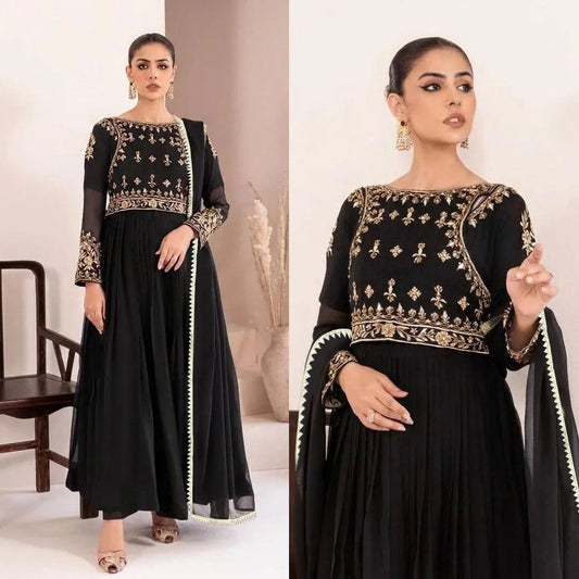 Black chiffon embroidered maxi 3 piece suit for women with dupatta and trouser elegant wedding festive wear outfit