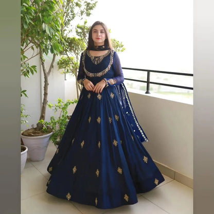 Blue organza embroidered maxi 3 piece suit for women with dupatta and trouser elegant wedding festive wear outfit