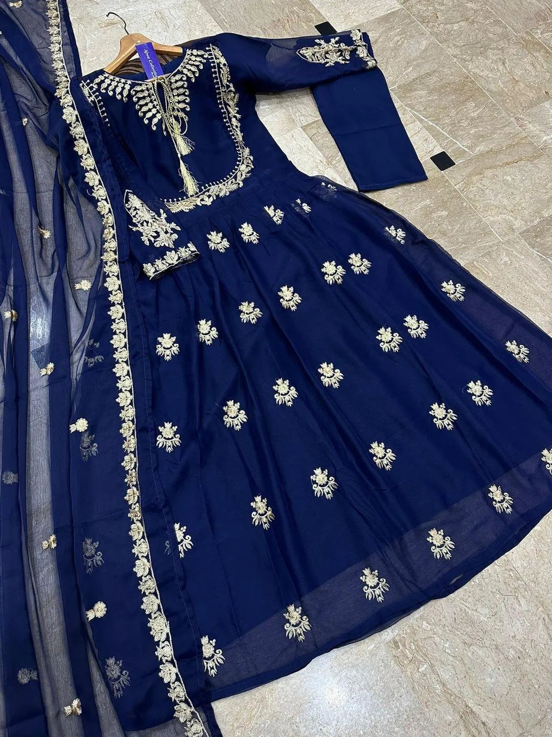 Blue organza embroidered maxi 3 piece suit for women with dupatta and trouser elegant wedding festive wear outfit