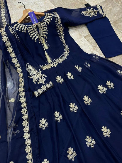 Blue organza embroidered maxi 3 piece suit for women with dupatta and trouser elegant wedding festive wear outfit