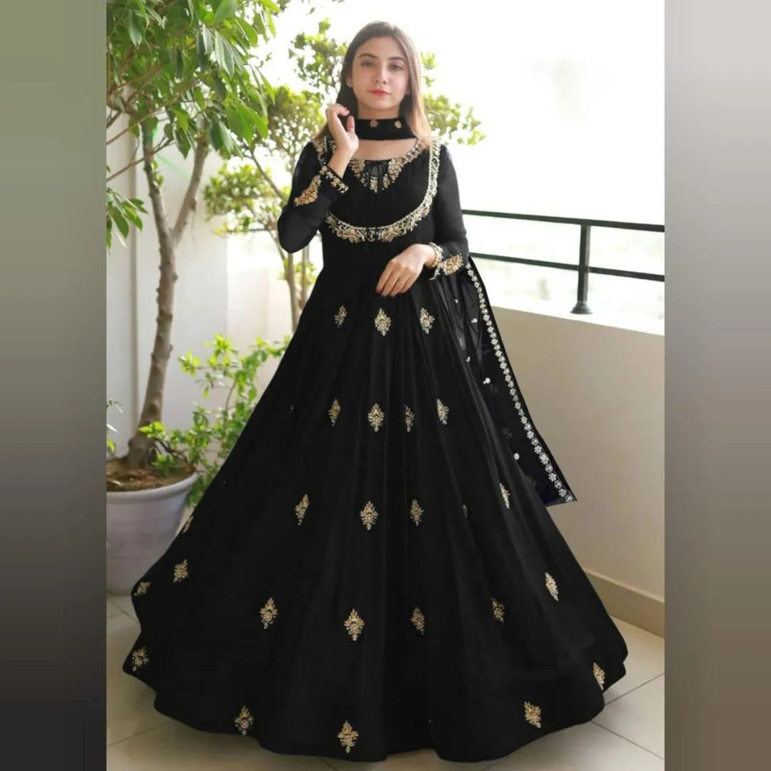 Black organza embroidered maxi 3 piece suit for women with dupatta and trouser elegant wedding festive wear outfit