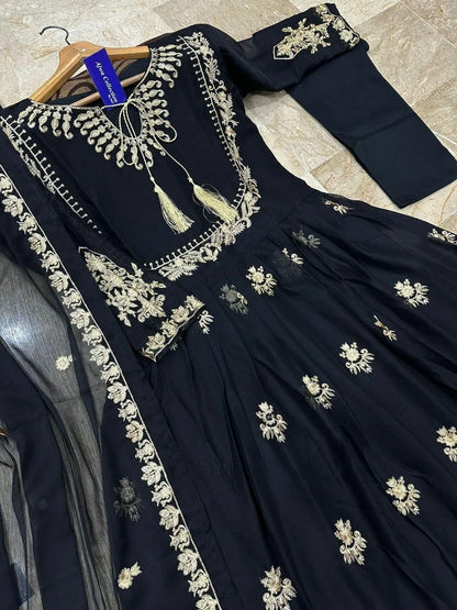 Black organza embroidered maxi 3 piece suit for women with dupatta and trouser elegant wedding festive wear outfit
