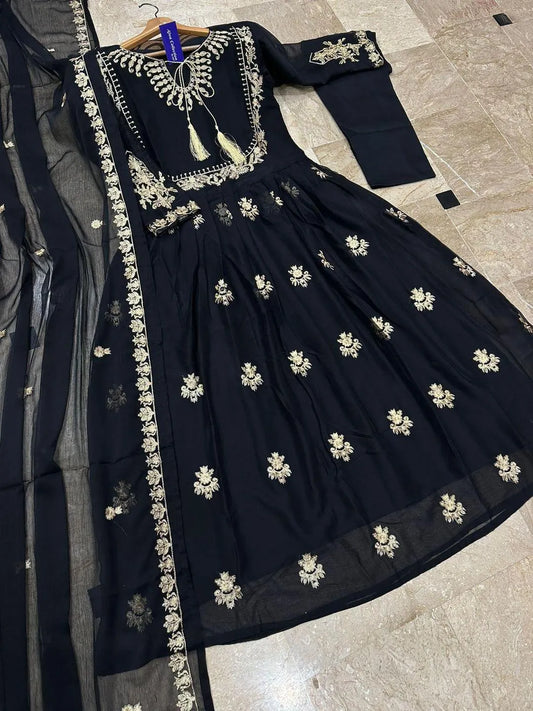 Black organza embroidered maxi 3 piece suit for women with dupatta and trouser elegant wedding festive wear outfit