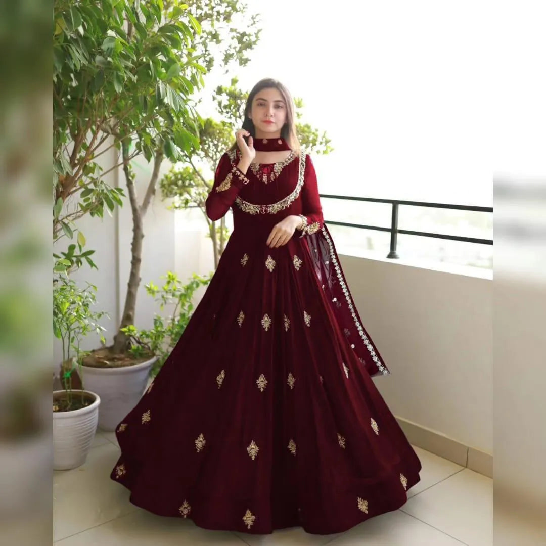 Maroon organza embroidered maxi 3 piece suit for women with dupatta and trouser elegant wedding festive wear outfit