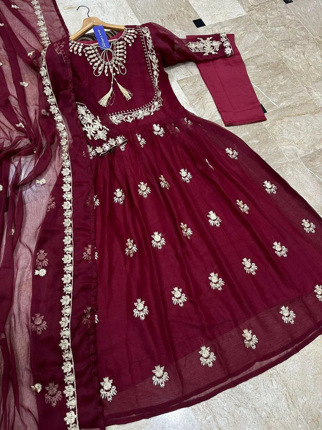 Maroon organza embroidered maxi 3 piece suit for women with dupatta and trouser elegant wedding festive wear outfit