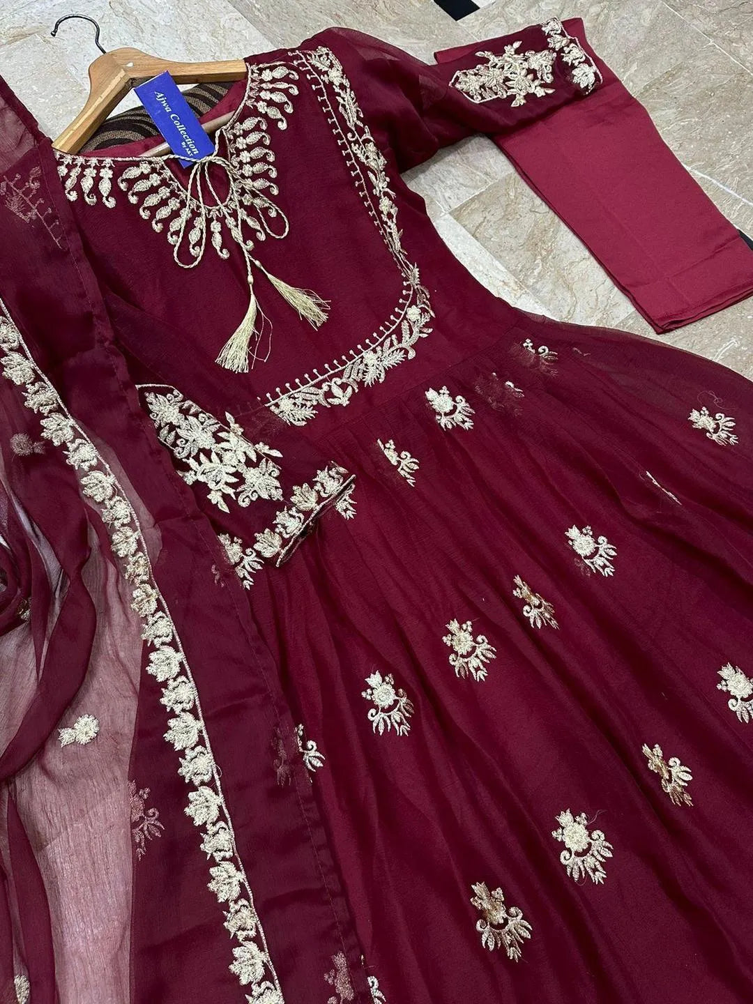 Maroon organza embroidered maxi 3 piece suit for women with dupatta and trouser elegant wedding festive wear outfit