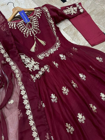 Maroon organza embroidered maxi 3 piece suit for women with dupatta and trouser elegant wedding festive wear outfit