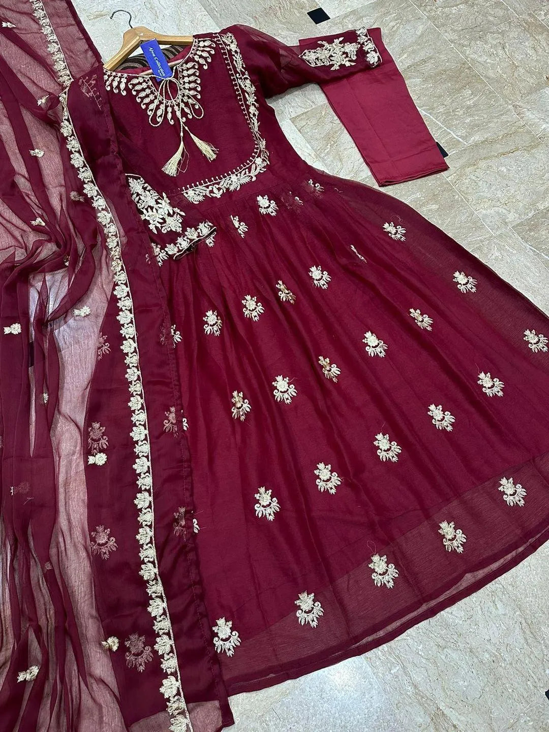 Maroon organza embroidered maxi 3 piece suit for women with dupatta and trouser elegant wedding festive wear outfit