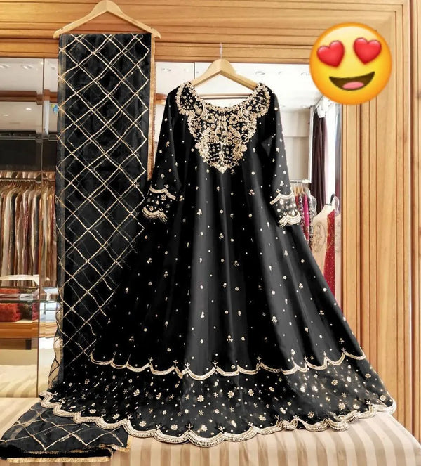 Black shamoz silk embroidered maxi 3 piece suit for women with dupatta and trouser elegant wedding party wear outfit