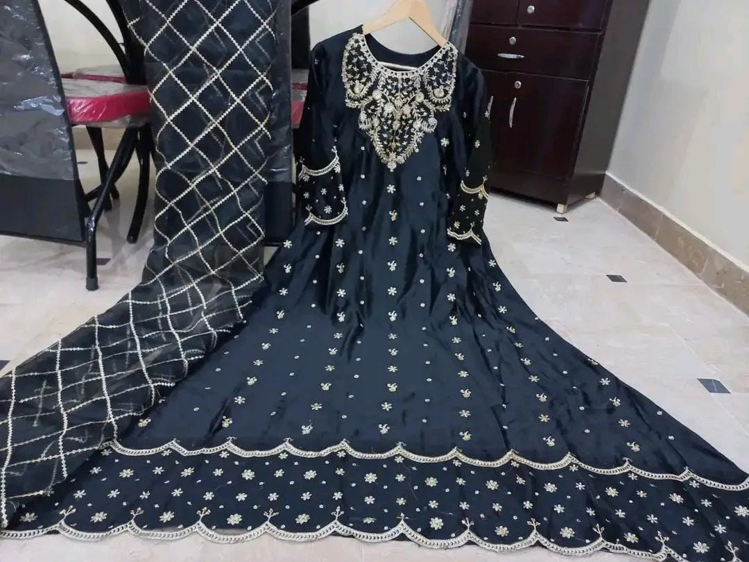 Black shamoz silk embroidered maxi 3 piece suit for women with dupatta and trouser elegant wedding party wear outfit