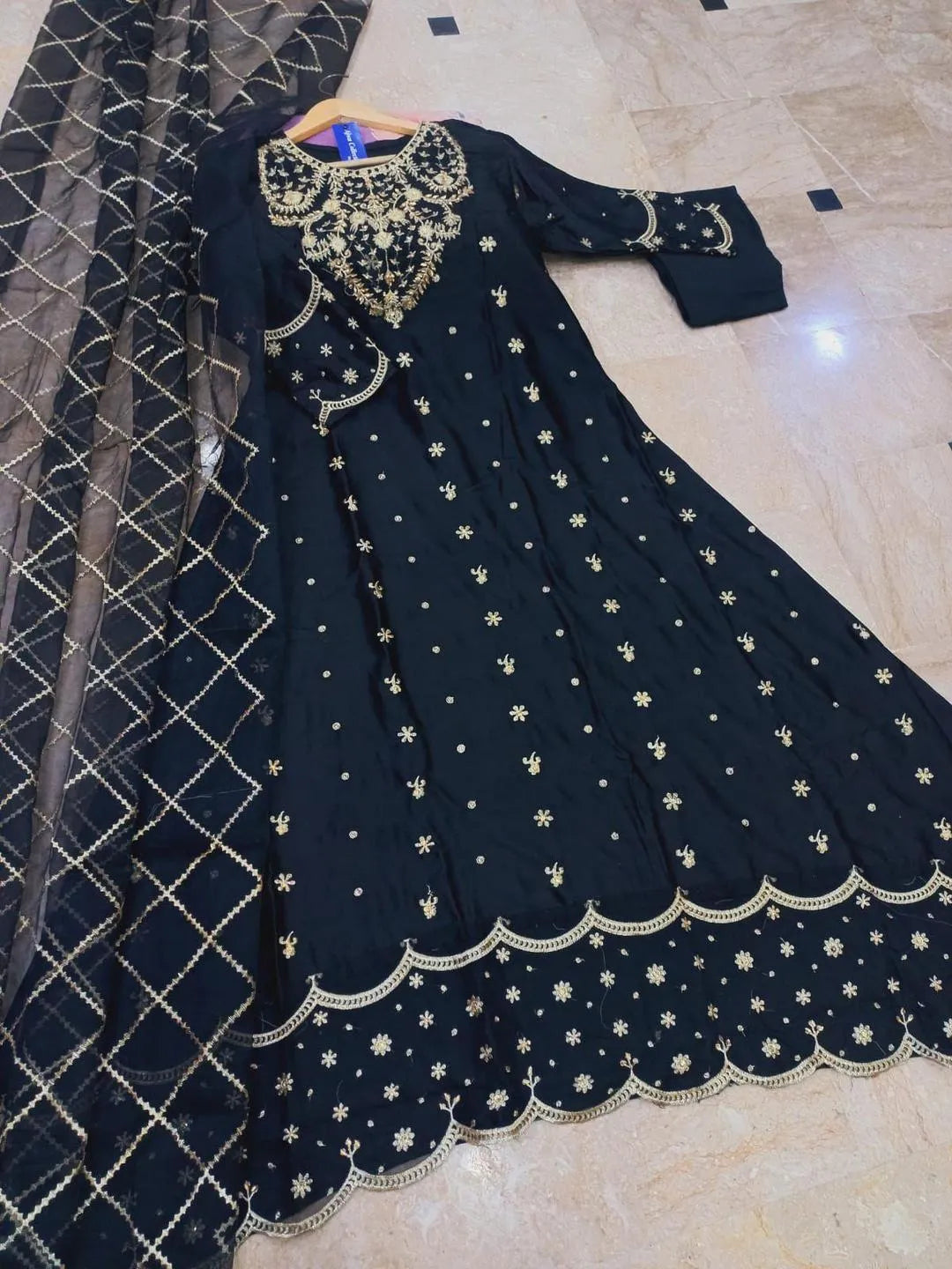 Black shamoz silk embroidered maxi 3 piece suit for women with dupatta and trouser elegant wedding party wear outfit