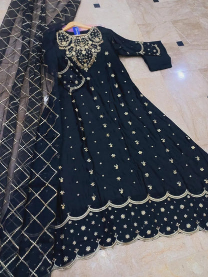 Black shamoz silk embroidered maxi 3 piece suit for women with dupatta and trouser elegant wedding party wear outfit