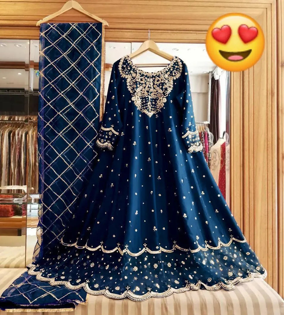 Blue shamoz silk embroidered maxi 3 piece suit for women with dupatta and trouser elegant wedding party wear outfit