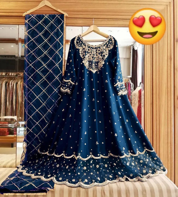Blue shamoz silk embroidered maxi 3 piece suit for women with dupatta and trouser elegant wedding party wear outfit