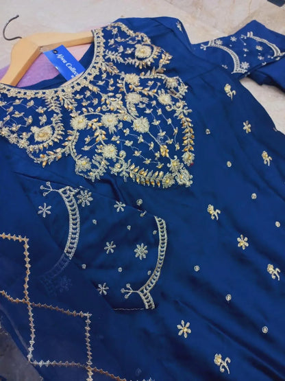 Blue shamoz silk embroidered maxi 3 piece suit for women with dupatta and trouser elegant wedding party wear outfit