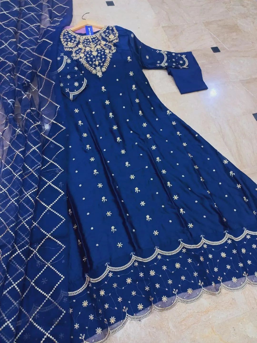 Blue shamoz silk embroidered maxi 3 piece suit for women with dupatta and trouser elegant wedding party wear outfit