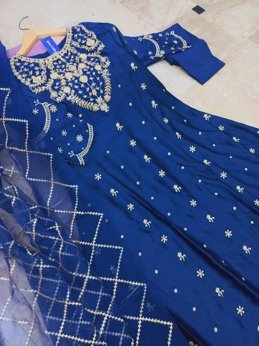 Blue shamoz silk embroidered maxi 3 piece suit for women with dupatta and trouser elegant wedding party wear outfit