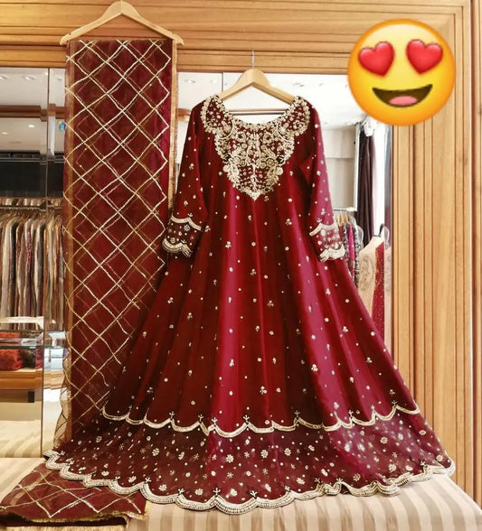Maroon shamoz silk embroidered maxi 3 piece suit for women with dupatta and trouser elegant wedding party wear outfit