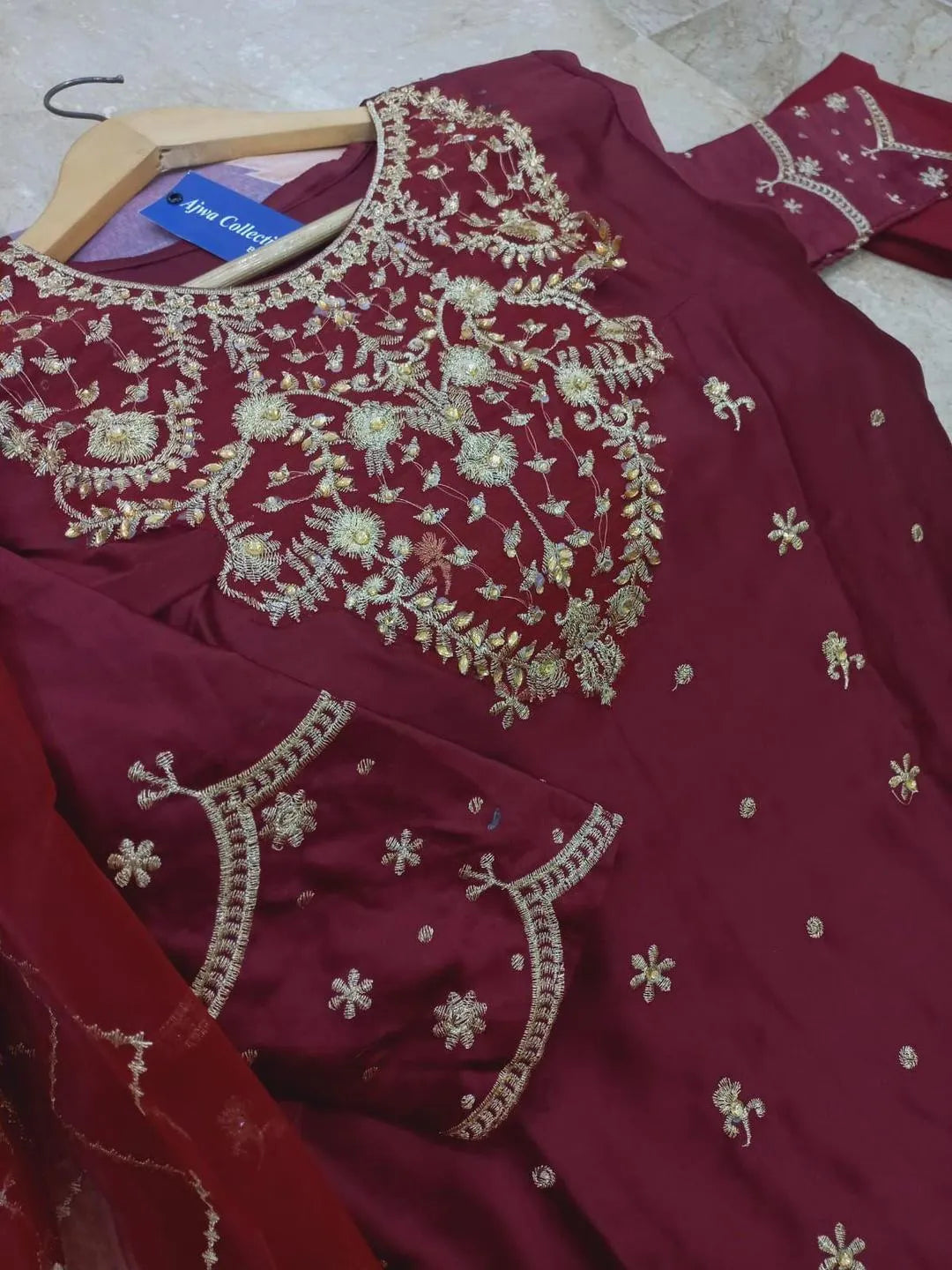 Maroon shamoz silk embroidered maxi 3 piece suit for women with dupatta and trouser elegant wedding party wear outfit