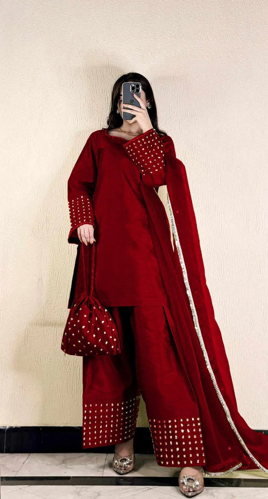 Maroon shamoz silk 4 piece suit for women with farshi shalwar dupatta and potli elegant festive wear outfit