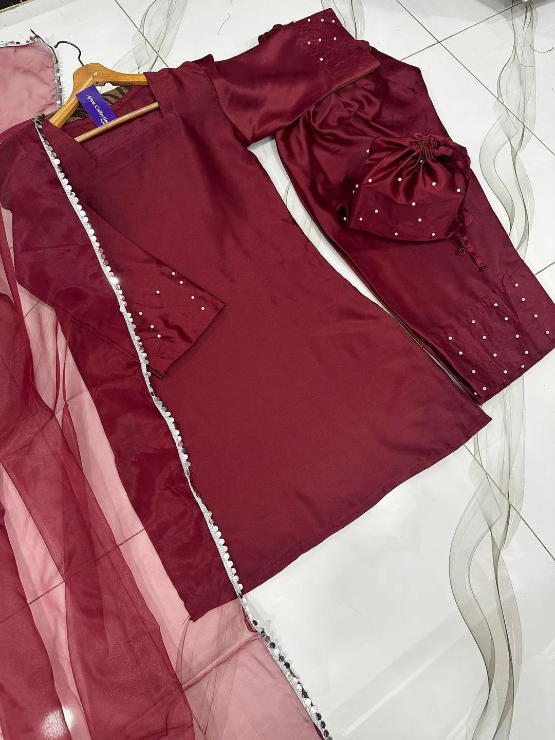 Maroon shamoz silk 4 piece suit for women with farshi shalwar dupatta and potli elegant festive wear outfit