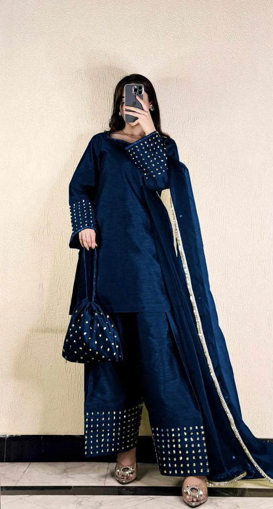 Blue shamoz silk 4 piece suit for women with farshi shalwar dupatta and potli elegant festive wear outfit