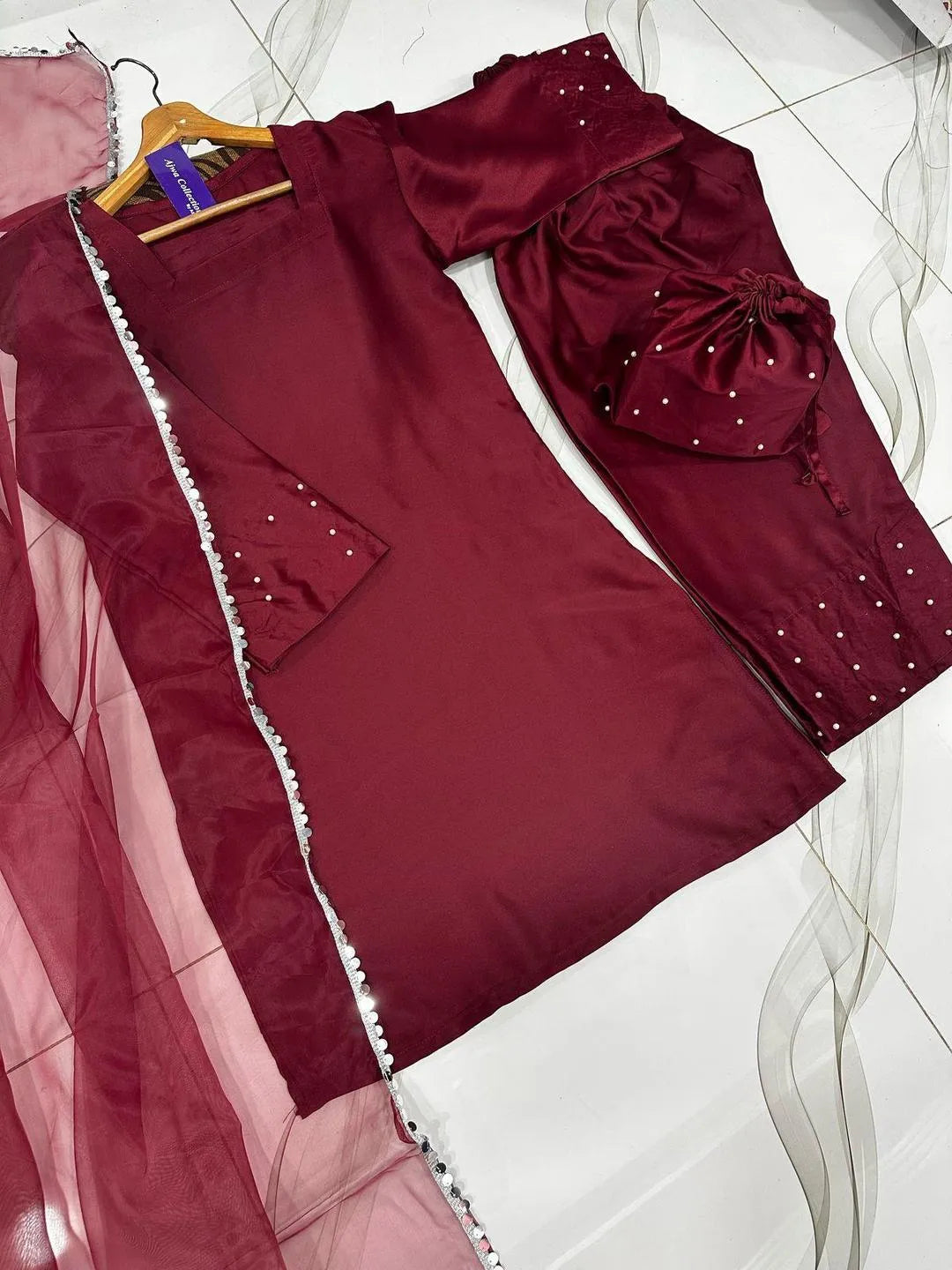 Maroon shamoz silk 4 piece suit for women with farshi shalwar dupatta and potli elegant festive wear outfit
