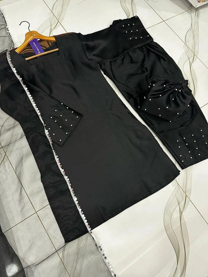 Black shamoz silk 4 piece suit for women with farshi shalwar dupatta and potli elegant festive wear outfit
