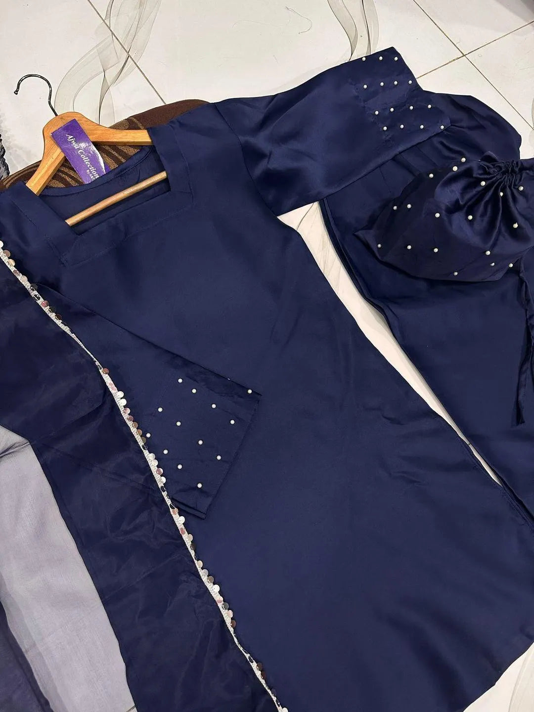 Blue shamoz silk 4 piece suit for women with farshi shalwar dupatta and potli elegant festive wear outfit