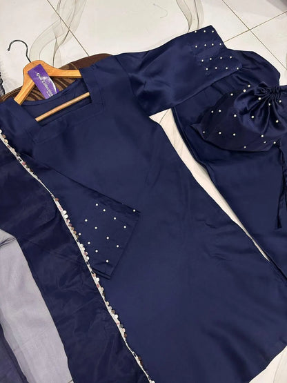 Blue shamoz silk 4 piece suit for women with farshi shalwar dupatta and potli elegant festive wear outfit