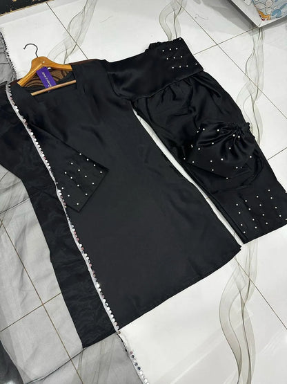 Black shamoz silk 4 piece suit for women with farshi shalwar dupatta and potli elegant festive wear outfit