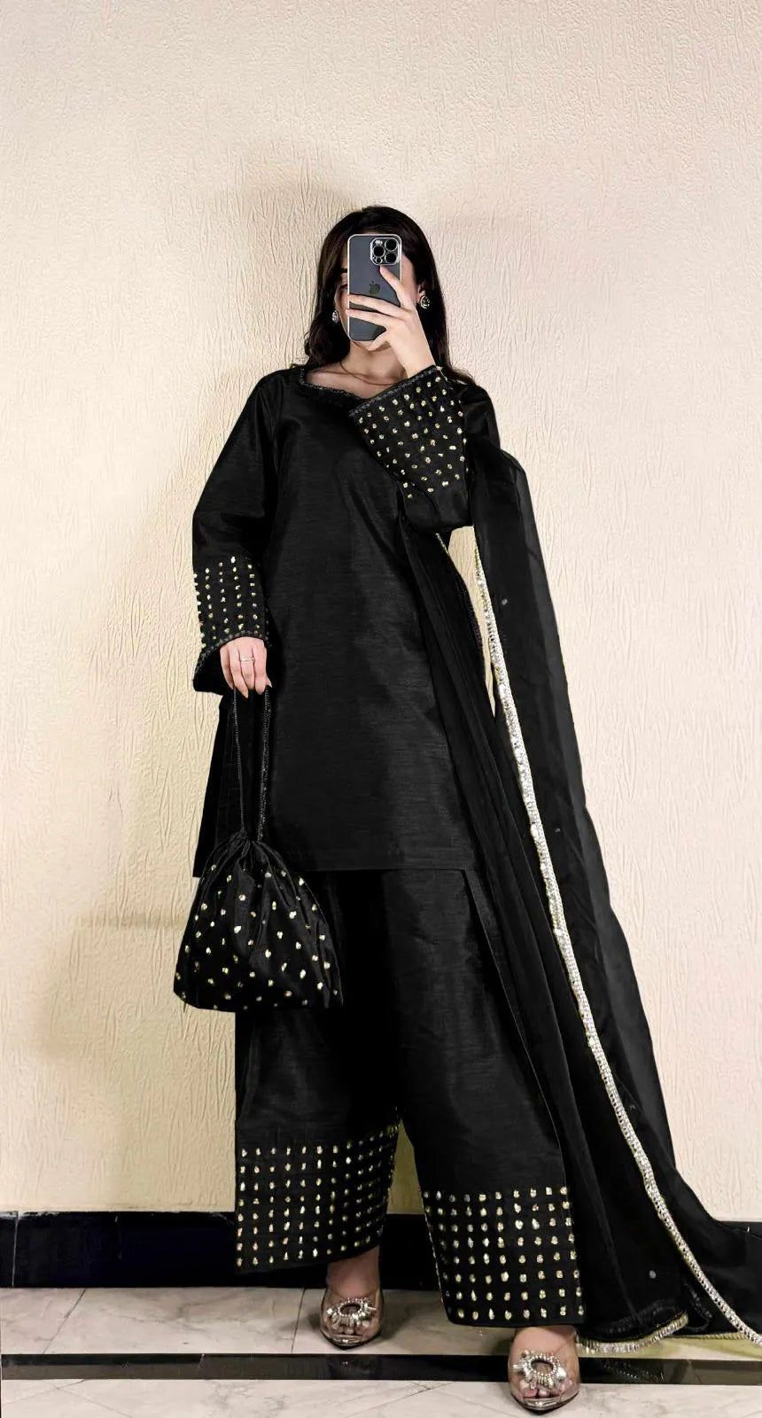 Black shamoz silk 4 piece suit for women with farshi shalwar dupatta and potli elegant festive wear outfit