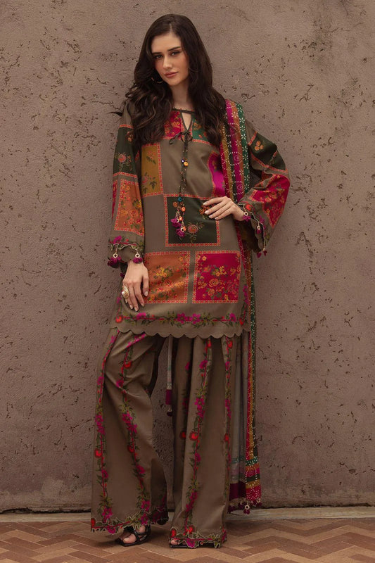 Brown digital print lawn 3 piece suit with chiffon dupatta elegant summer outfit for women soft breathable fabric