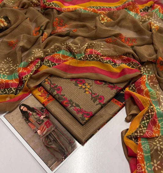 Brown digital print lawn 3 piece suit with chiffon dupatta elegant summer outfit for women soft breathable fabric
