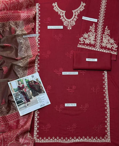 Maroon embroidered lawn 3 piece suit with diamond dupatta for women elegant Pakistani formal dress breathable fabric