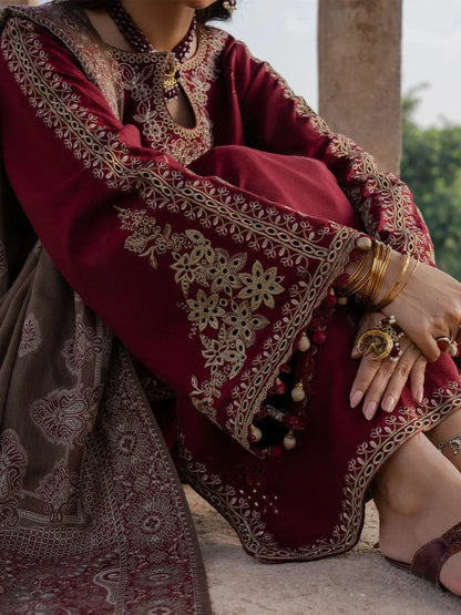 Maroon embroidered lawn 3 piece suit with diamond dupatta for women elegant Pakistani formal dress breathable fabric