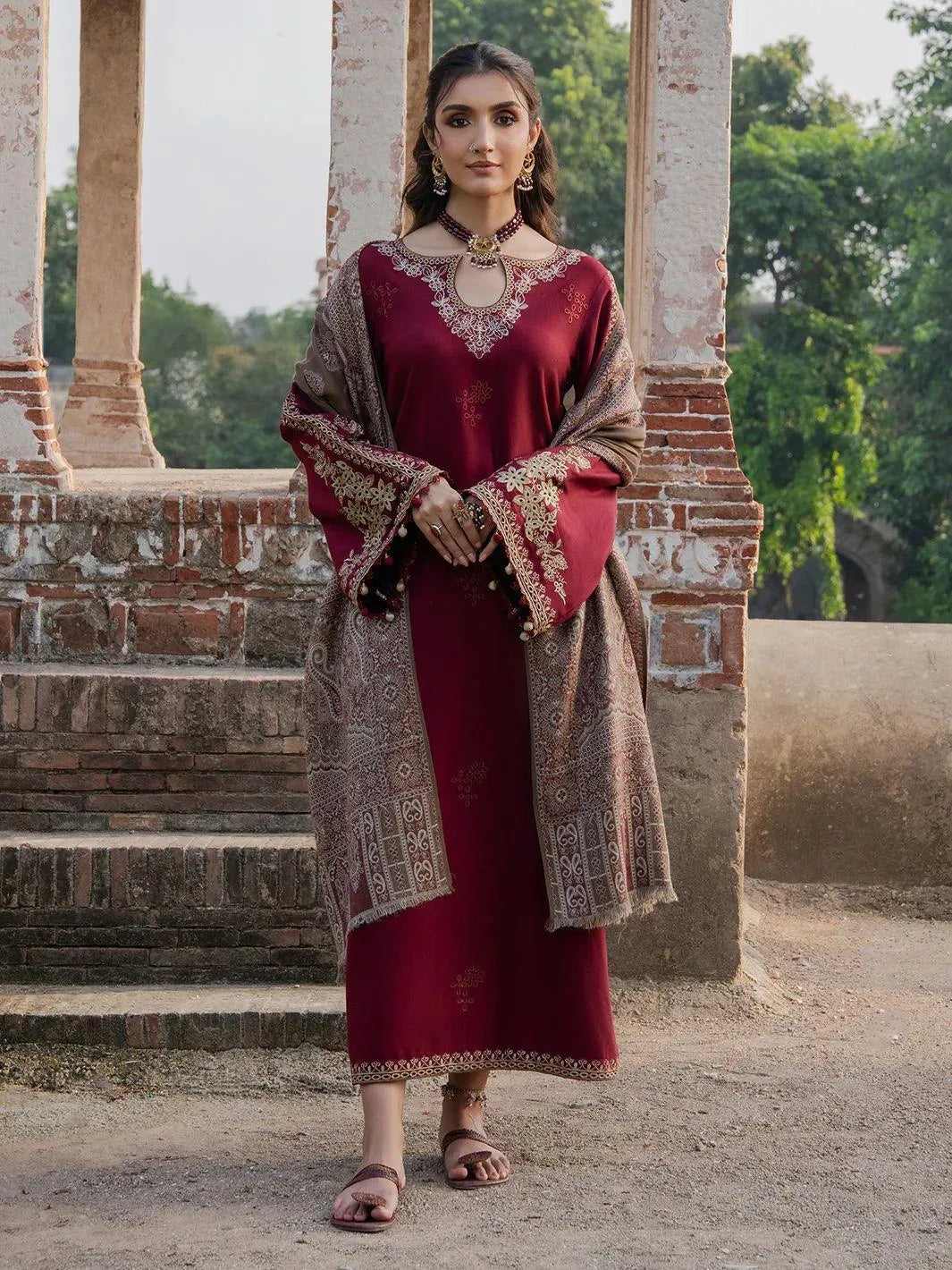 Maroon embroidered lawn 3 piece suit with diamond dupatta for women elegant Pakistani formal dress breathable fabric