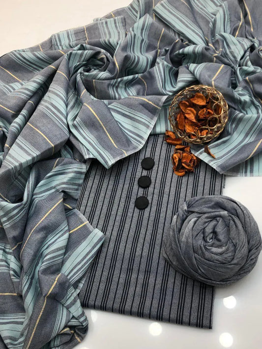 Grey printed Khaadi 3 piece suit for women with dupatta plain trouser soft breathable elegant traditional outfit