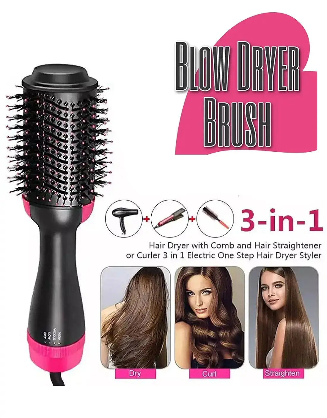 Swift Mart 3-in-1 Hair Dryer Brush – Dry, Straighten & Curl Hair 