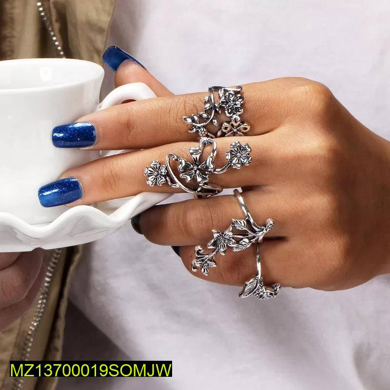 Swift Mart antique flower rings set silver plated 4 pcs women fashion