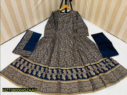 Navy blue katan silk 3 piece suit for women maxi dress with trouser and dupatta elegant festive wear outfit